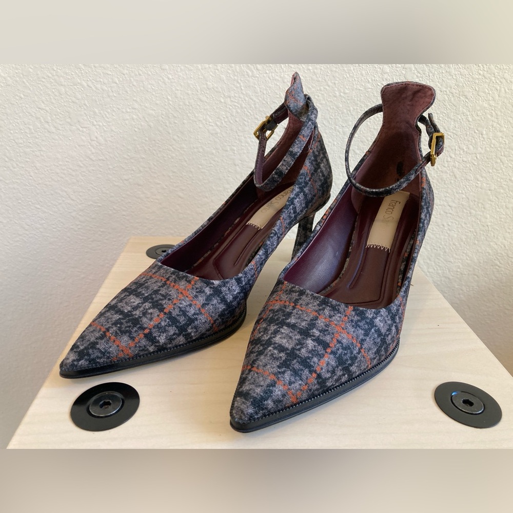 Franco Sarto Gray Red Plaid Heels Size 6.5 Ankle Strap Pumps